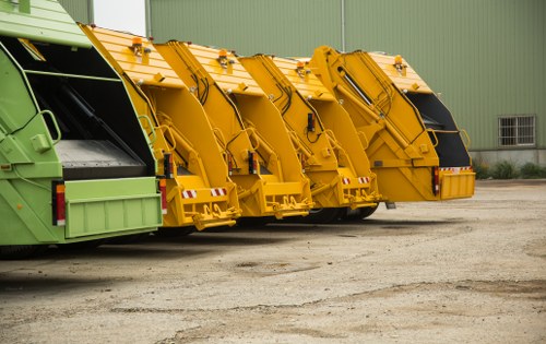 A row of four large waste collection vehicles parked side by side on a gravel surface in front of a green industrial building, each with a different color: the first is green, while the remaining three are bright yellow. The vehicles are designed for rubbish removal services, with large rear hoppers and hydraulic lifting mechanisms visible. The green vehicle on the far left is partially visible, with its rear section and loading area in view. The three yellow trucks show prominent loading components, with some reflective safety strips along their lower edges. The background includes a light green corrugated metal wall of the warehouse and a small window to the right, giving an impression of a waste management facility or depot, consistent with rubbish collection operations typically found in Ruislip or surrounding areas in northwest London. The lighting suggests daytime conditions with natural light highlighting the textures of the vehicles and gravel surface, supporting the context of commercial waste disposal services provided by companies such as Commercial Waste Ruislip.